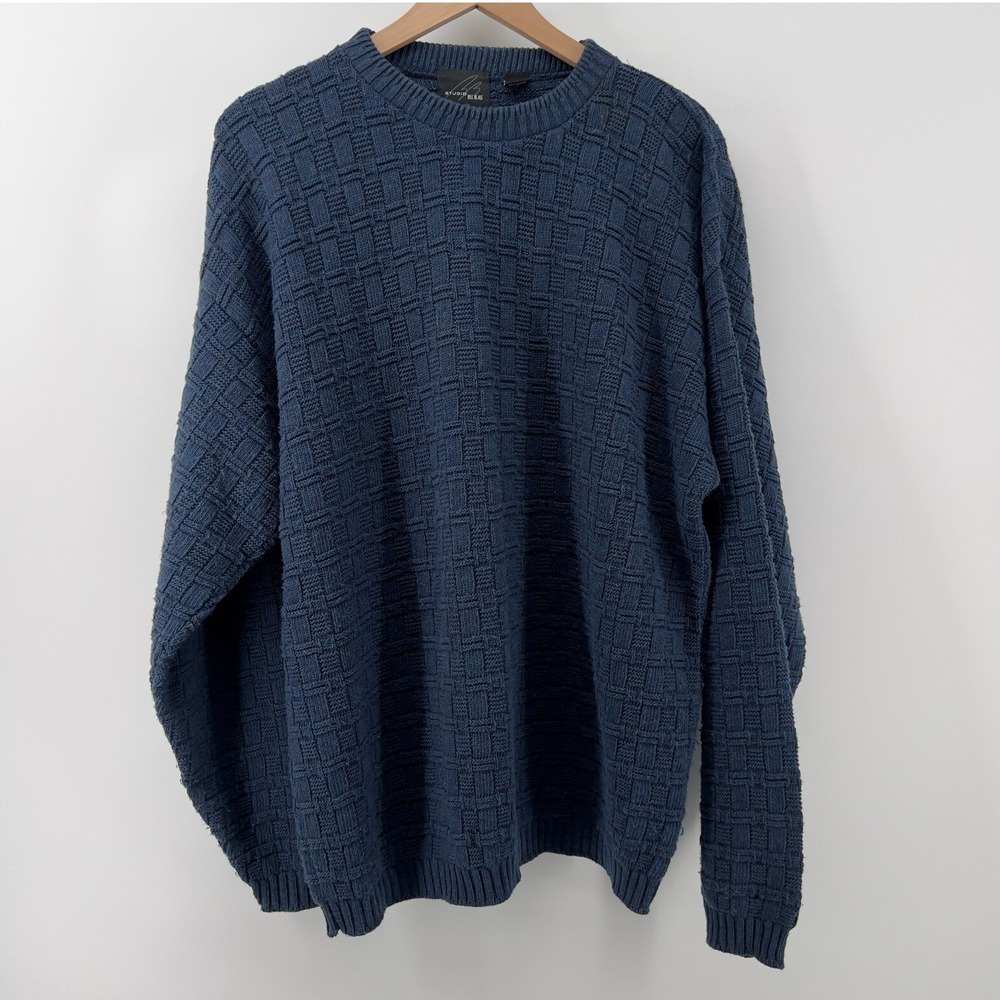 Vtg Bill Blass Pullover Long Sleeve Chunky Knit Grandpa Sweater Blue Men‎ L